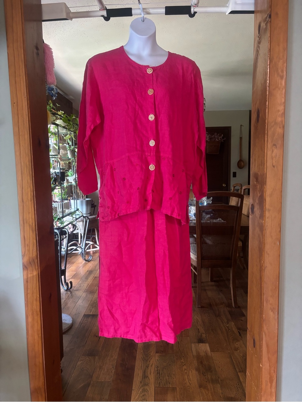 Vintage Liz & Jane Women’s Bright Pink Button-Front Linen 2-Piece Skirt Set M/L